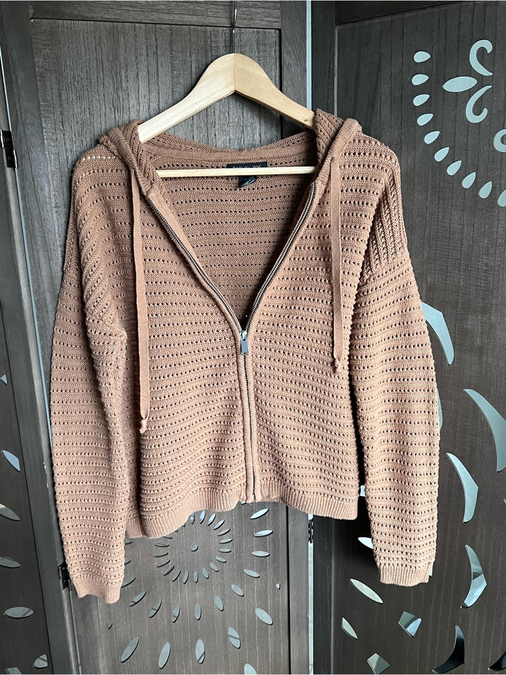 Rachel Zoe Open Knit Crochet Hoodie Sweater Brown Zip Up Cotton Size Large